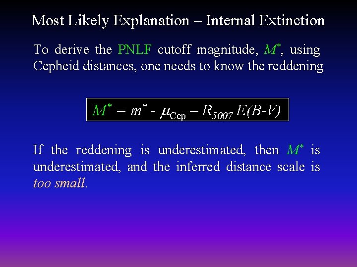 Most Likely Explanation – Internal Extinction To derive the PNLF cutoff magnitude, M*, using