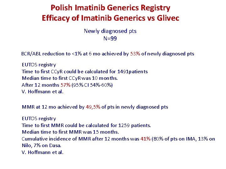 Polish Imatinib Generics Registry Efficacy of Imatinib Generics vs Glivec Newly diagnosed pts N=99