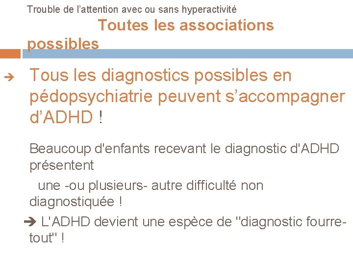 Trouble de l’attention avec ou sans hyperactivité Toutes les associations possibles Tous les diagnostics