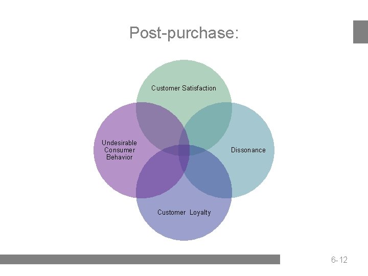 Post-purchase: Customer Satisfaction Undesirable Consumer Behavior Dissonance Customer Loyalty 6 -12 