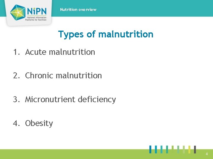 Nutrition overview Types of malnutrition 1. Acute malnutrition 2. Chronic malnutrition 3. Micronutrient deficiency