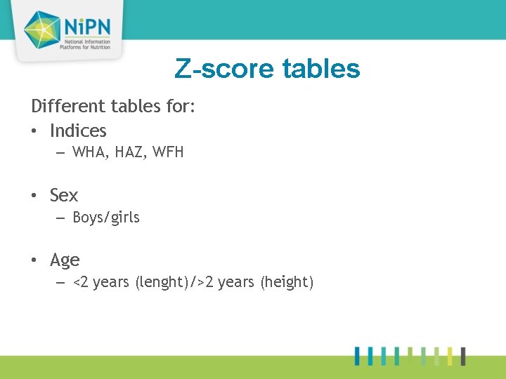 Z-score tables 40 Different tables for: • Indices – WHA, HAZ, WFH • Sex