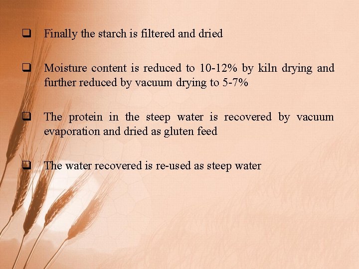 q Finally the starch is filtered and dried q Moisture content is reduced to