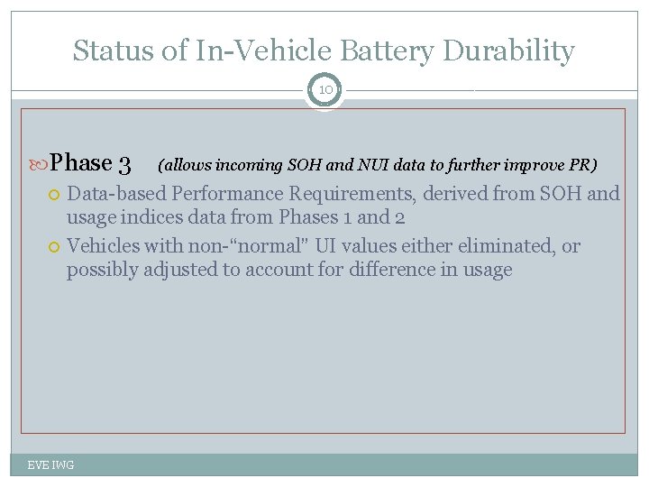 Status of In-Vehicle Battery Durability 10 Phase 3 (allows incoming SOH and NUI data