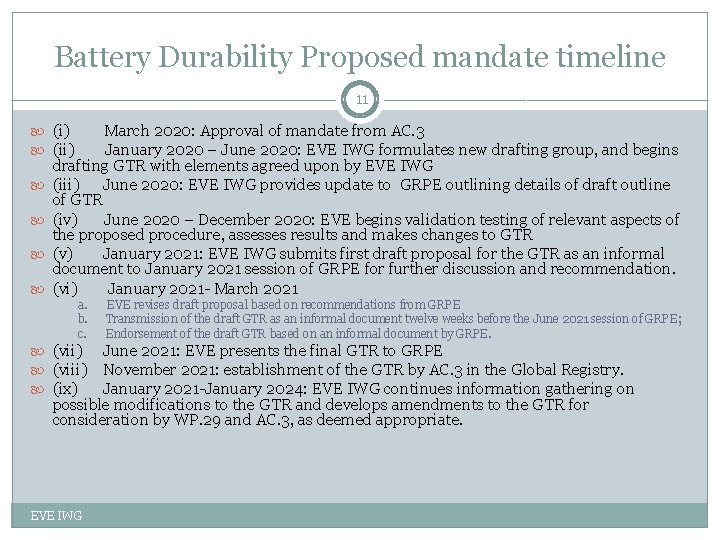 Battery Durability Proposed mandate timeline 11 (i) March 2020: Approval of mandate from AC.