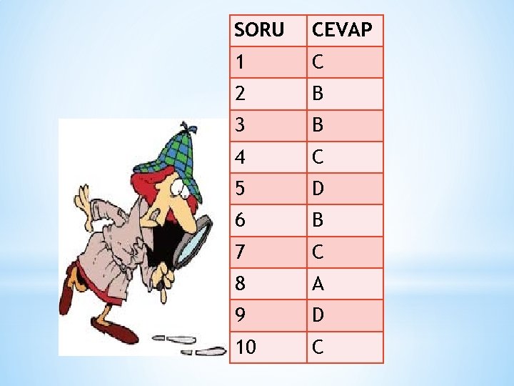 SORU CEVAP 1 C 2 B 3 B 4 C 5 D 6 B