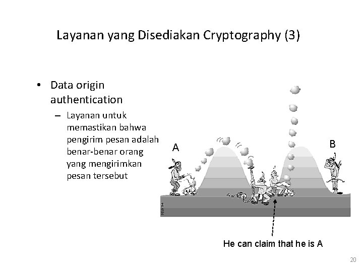 Layanan yang Disediakan Cryptography (3) • Data origin authentication – Layanan untuk memastikan bahwa