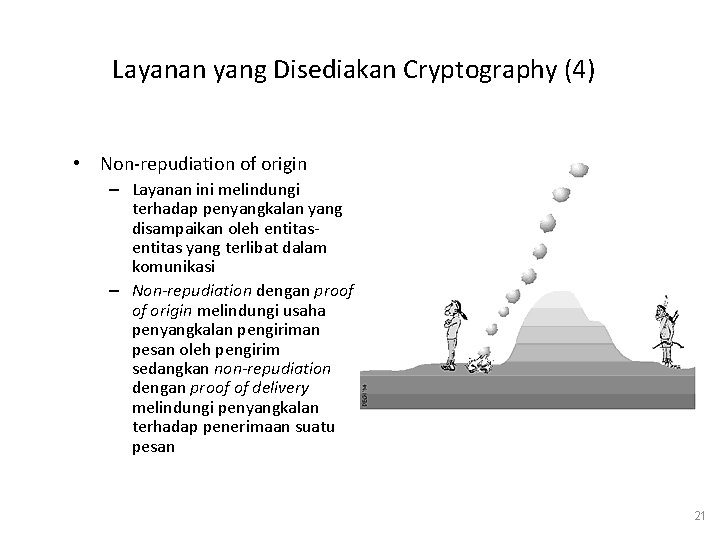 Layanan yang Disediakan Cryptography (4) • Non-repudiation of origin – Layanan ini melindungi terhadap
