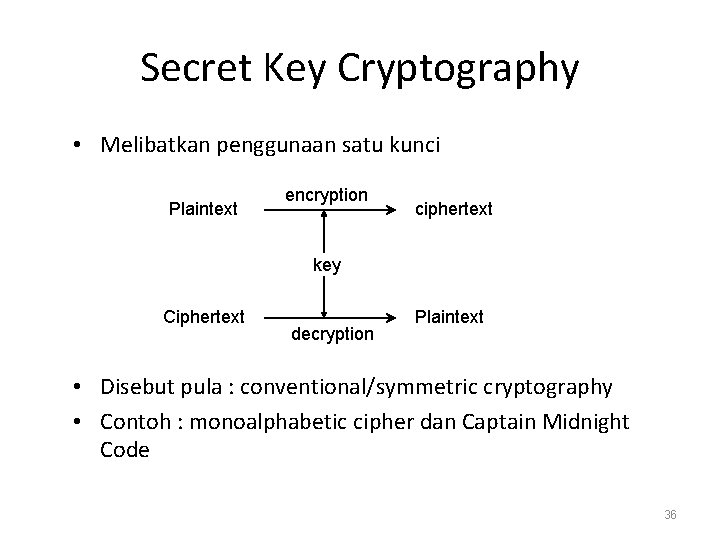 Secret Key Cryptography • Melibatkan penggunaan satu kunci Plaintext encryption ciphertext key Ciphertext decryption