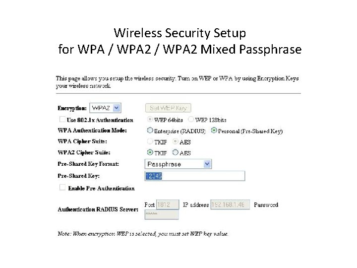 Wireless Security Setup for WPA / WPA 2 Mixed Passphrase 