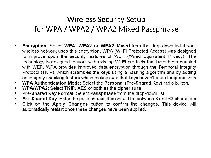 Wireless Security Setup for WPA / WPA 2 Mixed Passphrase 