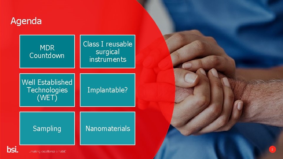 Agenda MDR Countdown Class I reusable surgical instruments Well Established Technologies (WET) Implantable? Sampling