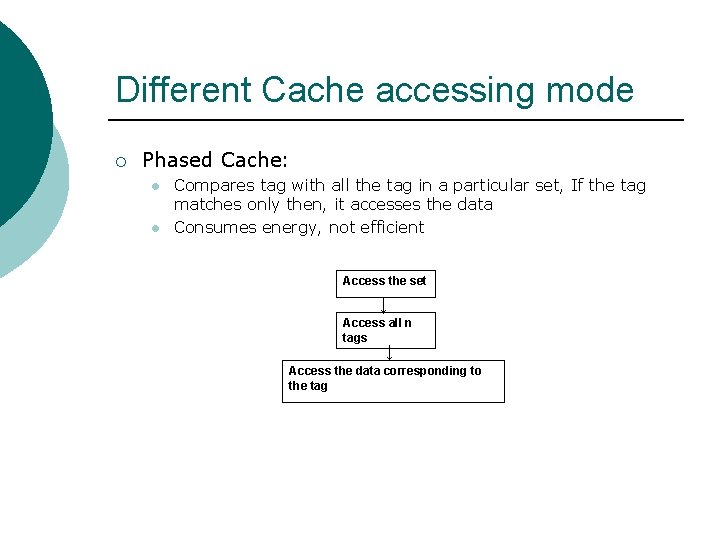 Different Cache accessing mode ¡ Phased Cache: l l Compares tag with all the