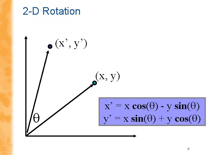 2 -D Rotation (x’, y’) (x, y) x’ = x cos( ) - y