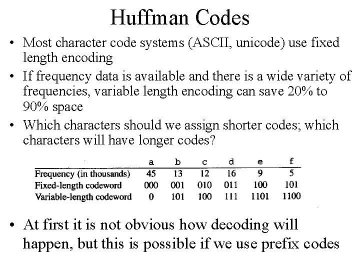 Huffman Codes • Most character code systems (ASCII, unicode) use fixed length encoding •