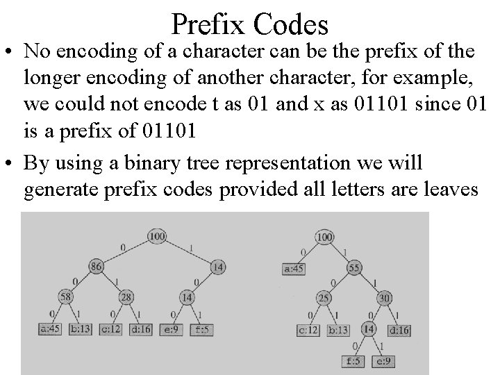 Prefix Codes • No encoding of a character can be the prefix of the