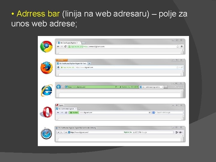  • Adrress bar (linija na web adresaru) – polje za unos web adrese;