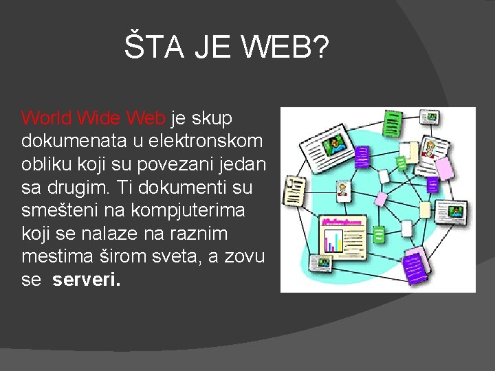 ŠTA JE WEB? World Wide Web je skup dokumenata u elektronskom obliku koji su