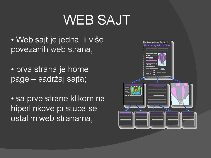 WEB SAJT • Web sajt je jedna ili više povezanih web strana; • prva