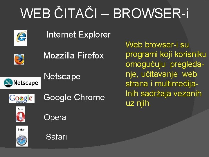 WEB ČITAČI – BROWSER-i Internet Explorer Mozzilla Firefox Netscape Google Chrome Opera Safari Web