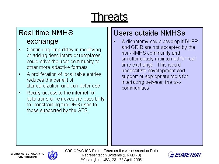 Threats Real time NMHS exchange • • • Continuing long delay in modifying or