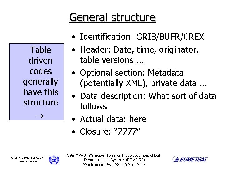 General structure Table driven codes generally have this structure WORLD METEOROLOGICAL ORGANIZATION • Identification: