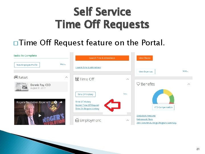 Self Service Time Off Requests � Time Off Request feature on the Portal. 21
