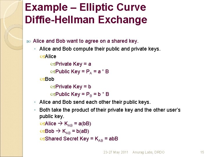 Example – Elliptic Curve Diffie-Hellman Exchange Alice and Bob want to agree on a