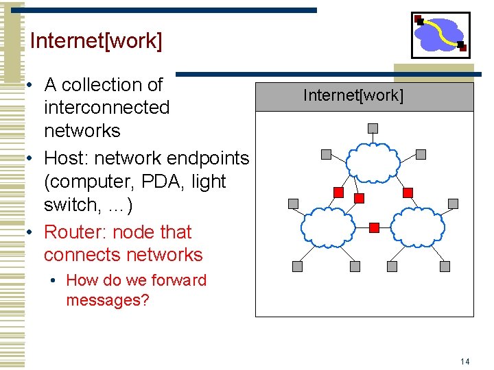 Internet[work] • A collection of interconnected networks • Host: network endpoints (computer, PDA, light