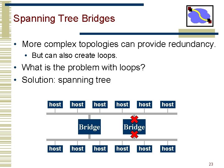 Spanning Tree Bridges • More complex topologies can provide redundancy. • But can also