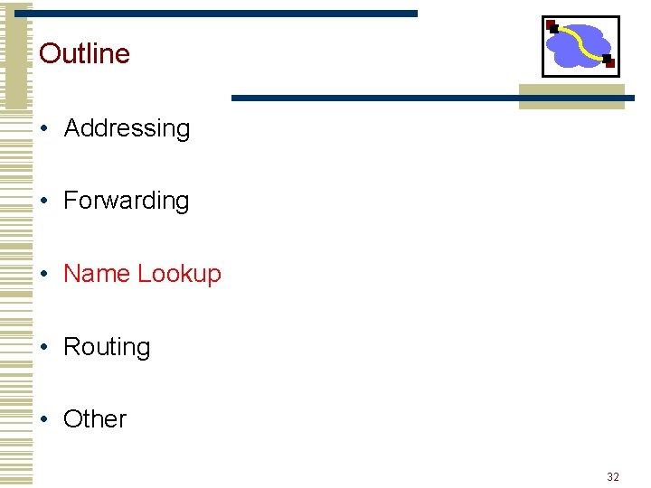 Outline • Addressing • Forwarding • Name Lookup • Routing • Other 32 