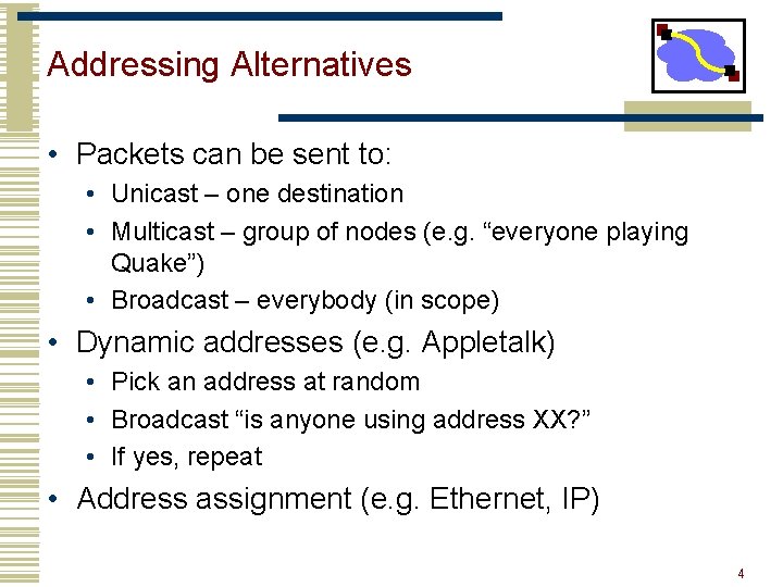 Addressing Alternatives • Packets can be sent to: • Unicast – one destination •