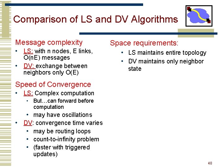 Comparison of LS and DV Algorithms Message complexity • LS: with n nodes, E