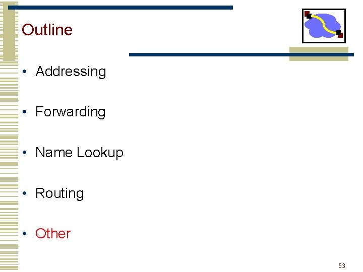 Outline • Addressing • Forwarding • Name Lookup • Routing • Other 53 