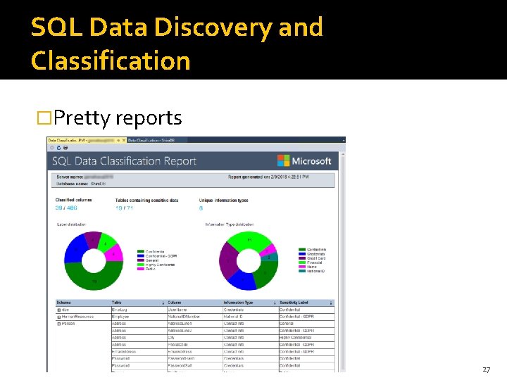 SQL Data Discovery and Classification �Pretty reports 27 