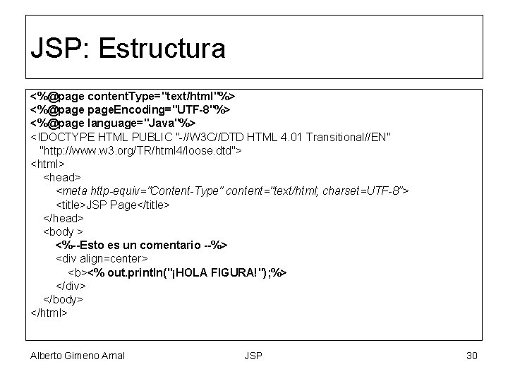 JSP: Estructura <%@page content. Type="text/html"%> <%@page. Encoding="UTF-8"%> <%@page language="Java"%> <!DOCTYPE HTML PUBLIC "-//W 3