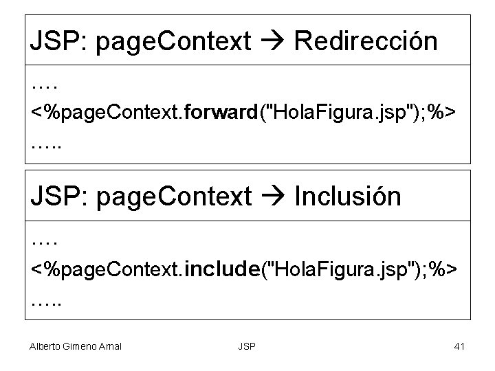 JSP: page. Context Redirección …. <%page. Context. forward("Hola. Figura. jsp"); %> …. . JSP: