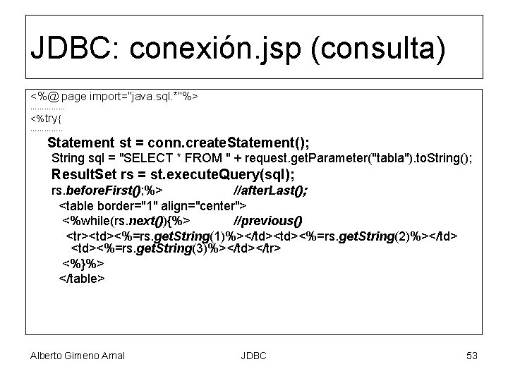 JDBC: conexión. jsp (consulta) <%@ page import="java. sql. *"%> …………… <%try{ …………. . Statement