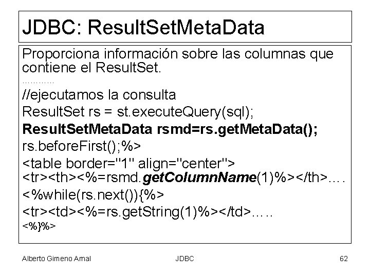 JDBC: Result. Set. Meta. Data Proporciona información sobre las columnas que contiene el Result.