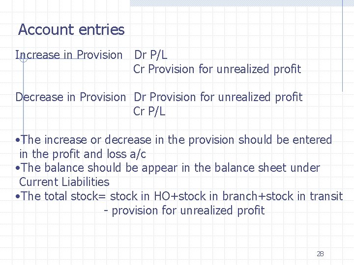 Account entries Increase in Provision Dr P/L Cr Provision for unrealized profit Decrease in