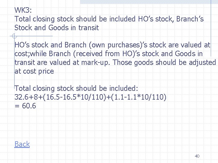 WK 3: Total closing stock should be included HO’s stock, Branch’s Stock and Goods