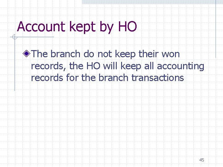 Account kept by HO The branch do not keep their won records, the HO