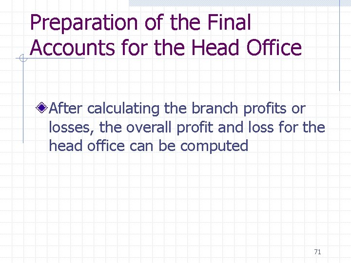 Preparation of the Final Accounts for the Head Office After calculating the branch profits