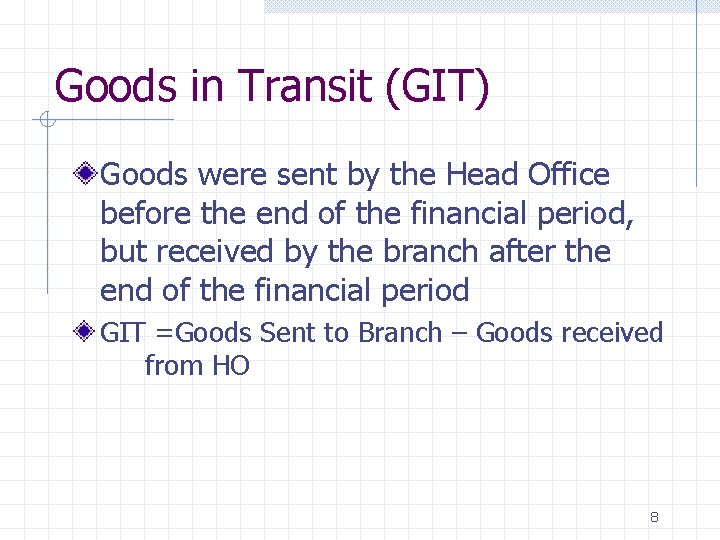 Goods in Transit (GIT) Goods were sent by the Head Office before the end