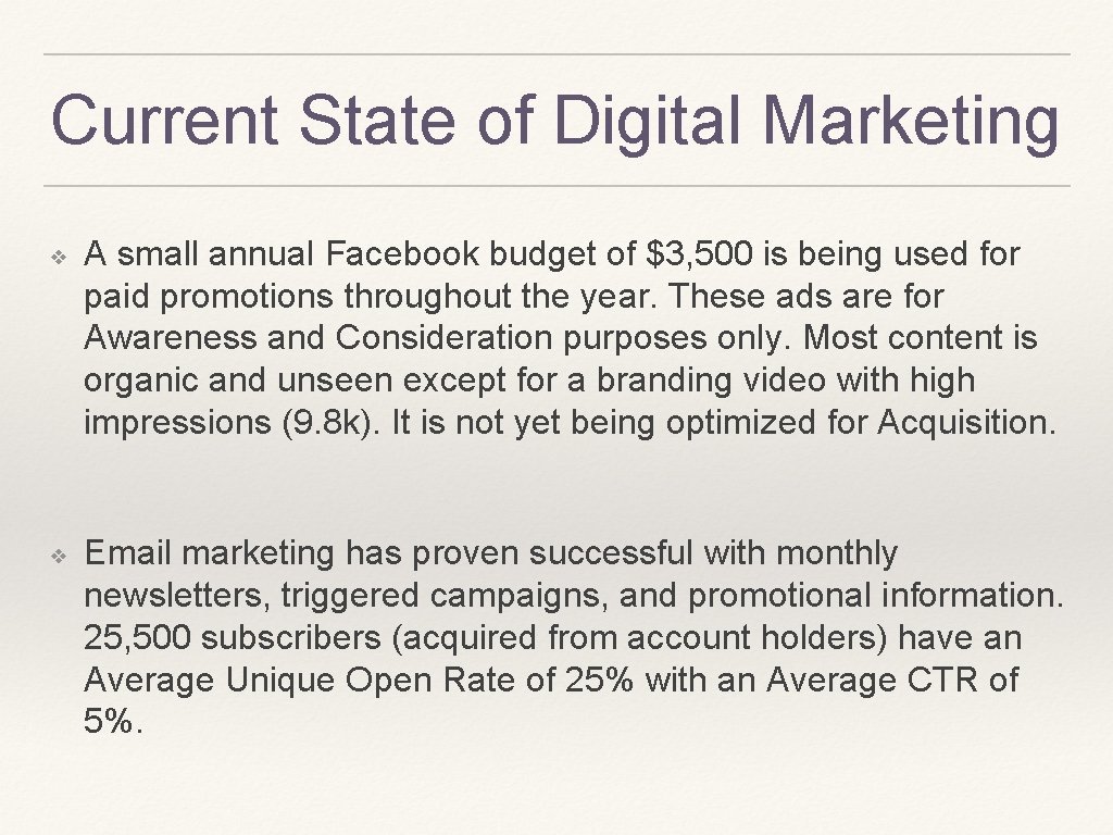 Current State of Digital Marketing ❖ ❖ A small annual Facebook budget of $3,