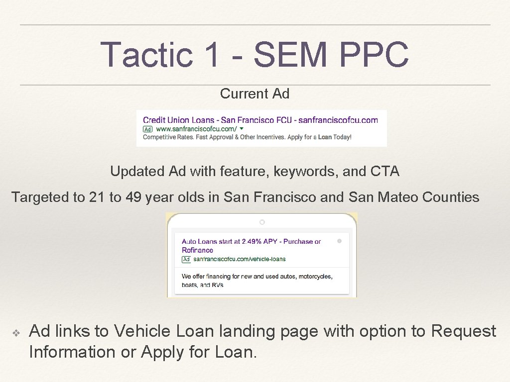 Tactic 1 - SEM PPC Current Ad Updated Ad with feature, keywords, and CTA