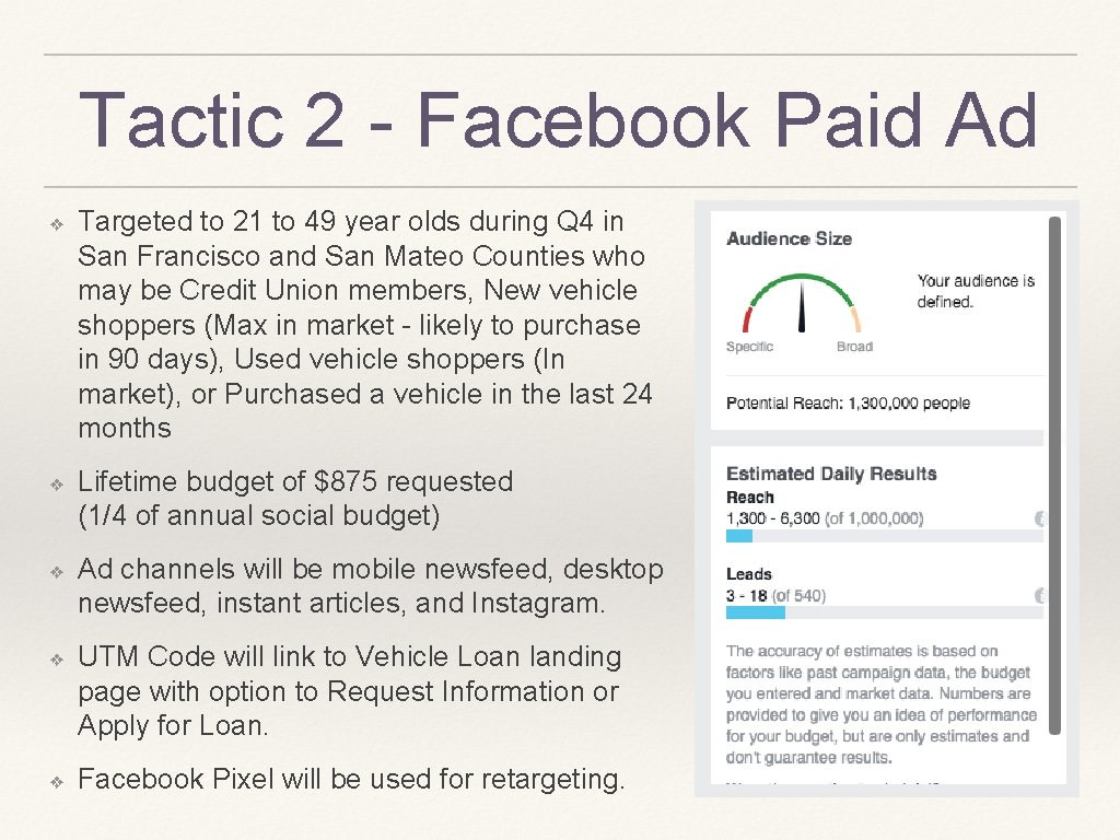 Tactic 2 - Facebook Paid Ad ❖ ❖ ❖ Targeted to 21 to 49