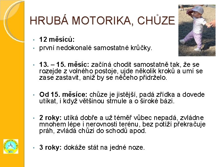 HRUBÁ MOTORIKA, CHŮZE 12 měsíců: • první nedokonalé samostatné krůčky. • • 13. –