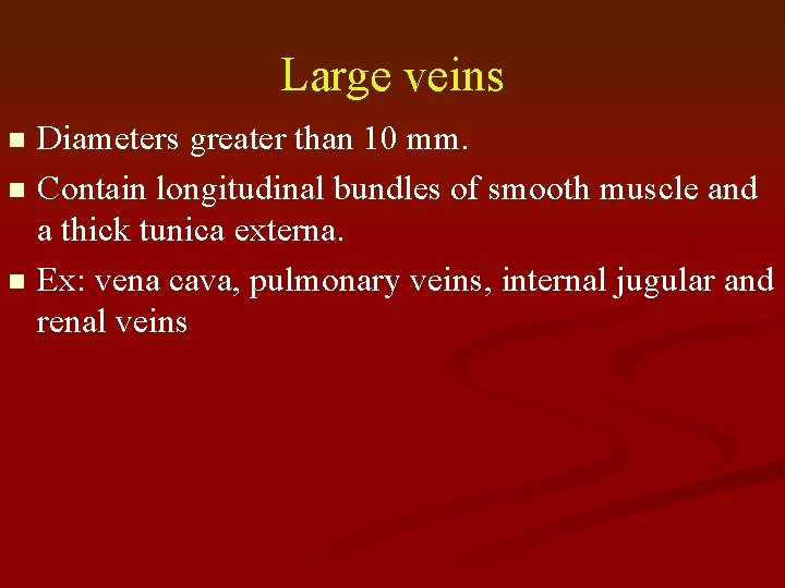 Large veins Diameters greater than 10 mm. n Contain longitudinal bundles of smooth muscle