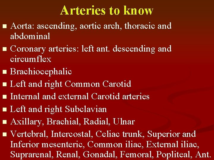 Arteries to know Aorta: ascending, aortic arch, thoracic and abdominal n Coronary arteries: left